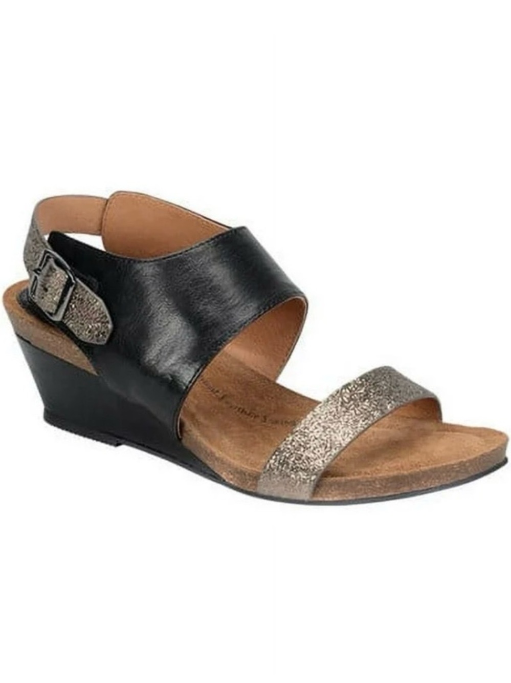 Sofft Black and Metallic Gold Textured Wedge Sandal